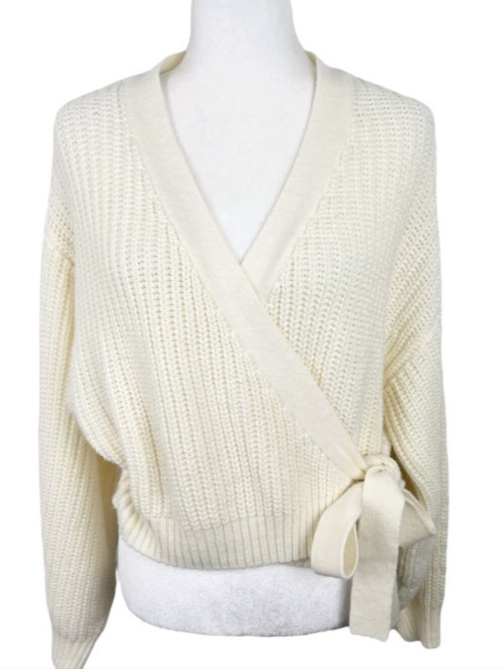 H&M Divided Cream Ribbed Wrap Cardigan Sweater with Balloon Sleeves, Like New